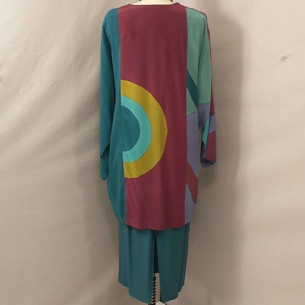 Vintage Silk Set Mod Design by Mosswear USA made Party Dress 80s / 90s Colorful - Picture 7 of 12